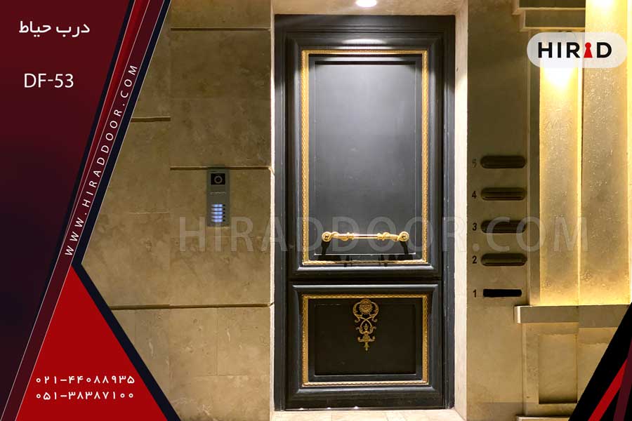 درب حیاط نفر رو با قاب بندی کلاسیک، مشکی رنگ، دارای قاب طلایی شیک و تزئینات طلایی